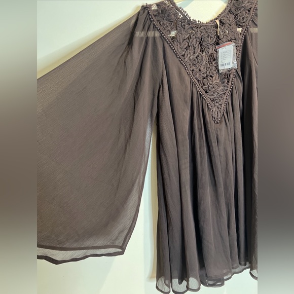 Free People Sunshine Of Love Crochet Neck Sheer Statement Sleeve Mini Dress XS - Picture 5 of 7